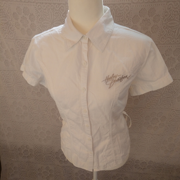 Harley Davidson White Short Sleeve Tie Back Drawstring Cinched Button Down Top - Picture 2 of 8